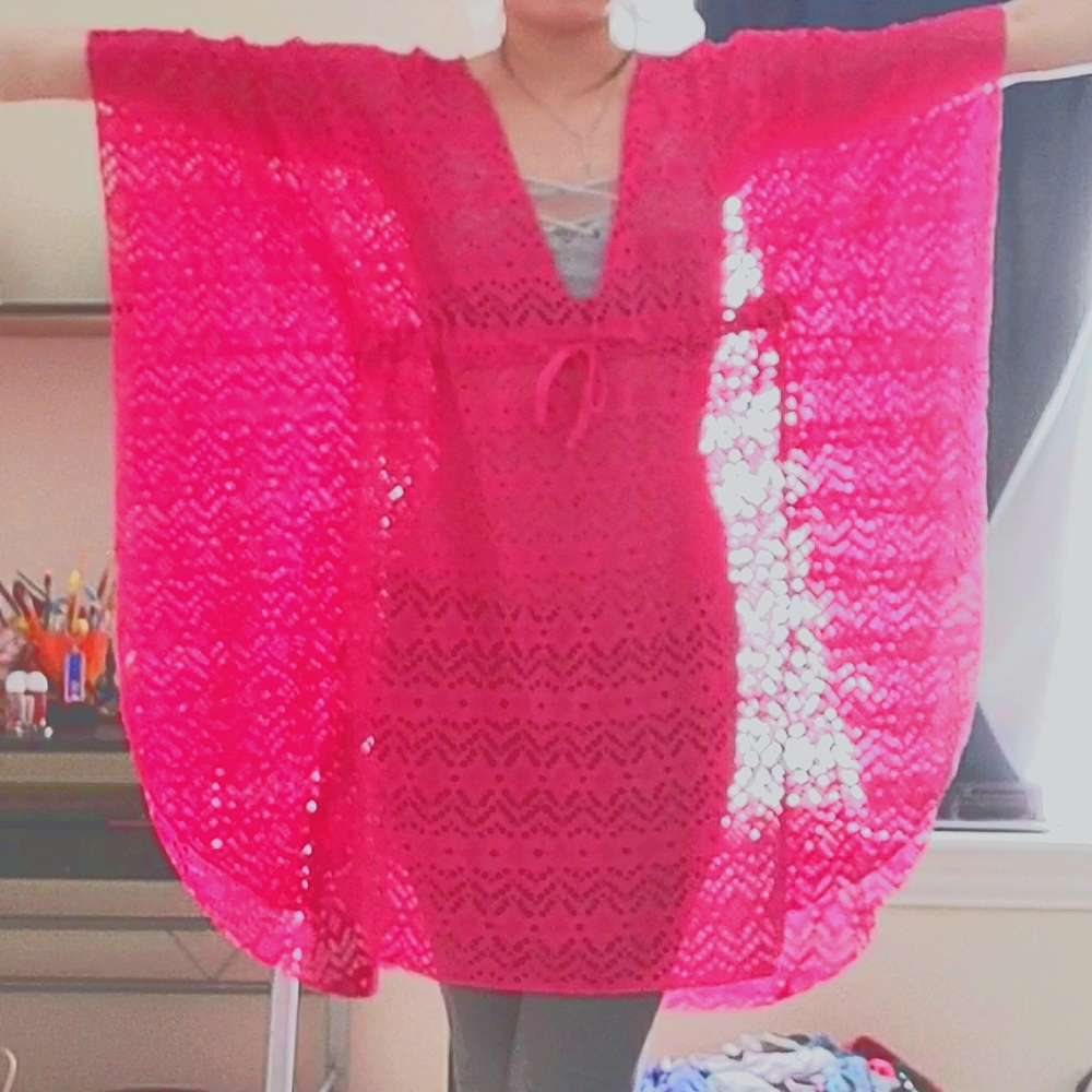 NWOT Fuchsia Beach Pool Oversized Bathing Suit Poncho V Neck Swimwear Dress